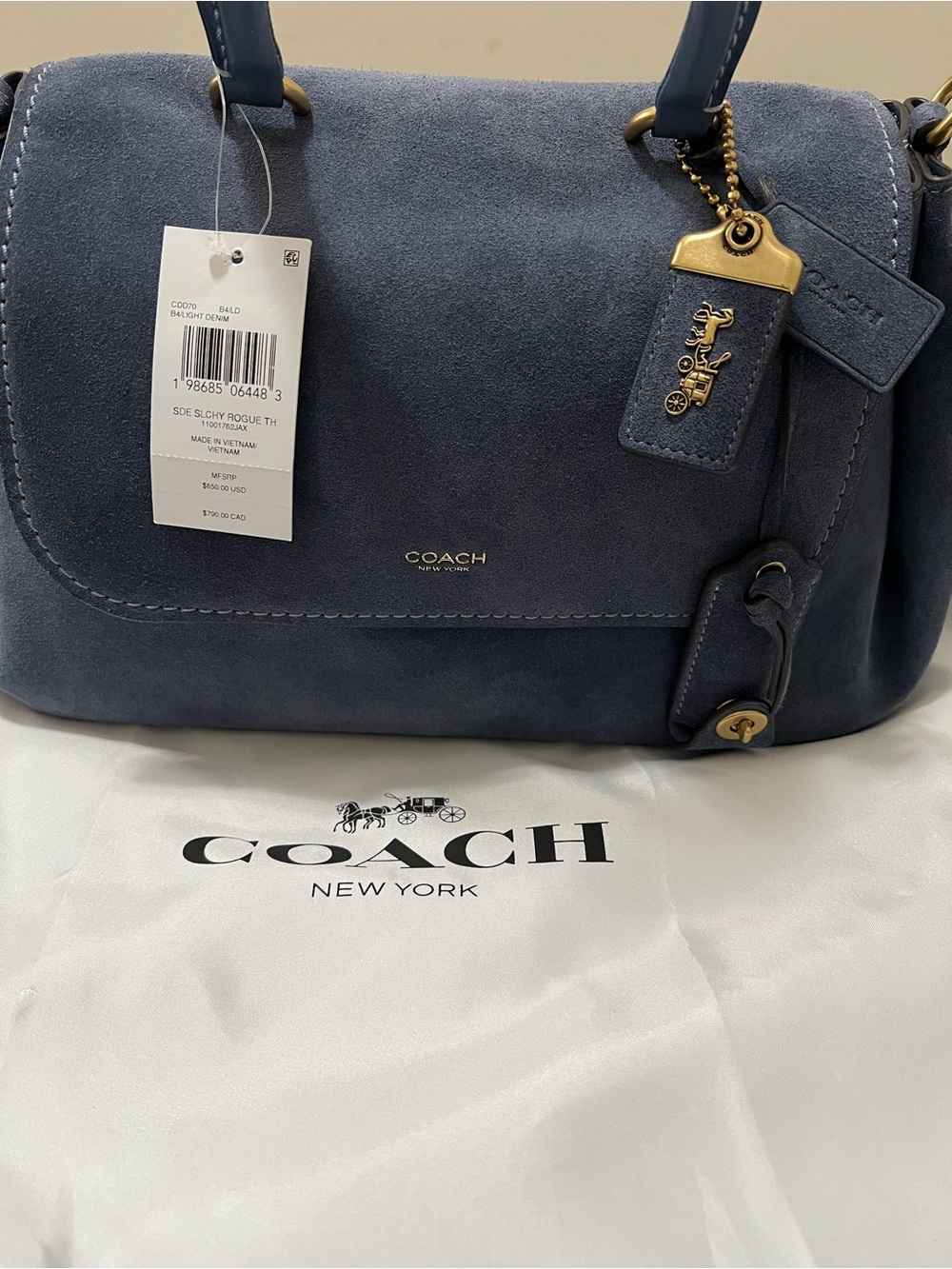 Coach Slouchy Rogue Suede Light Blue Denim with Gold Hardware